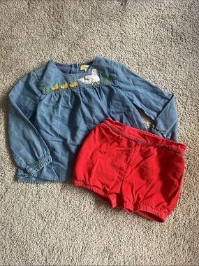 Baby Boden Blue Duck Embroidered Top with Red Corduroy Shorts